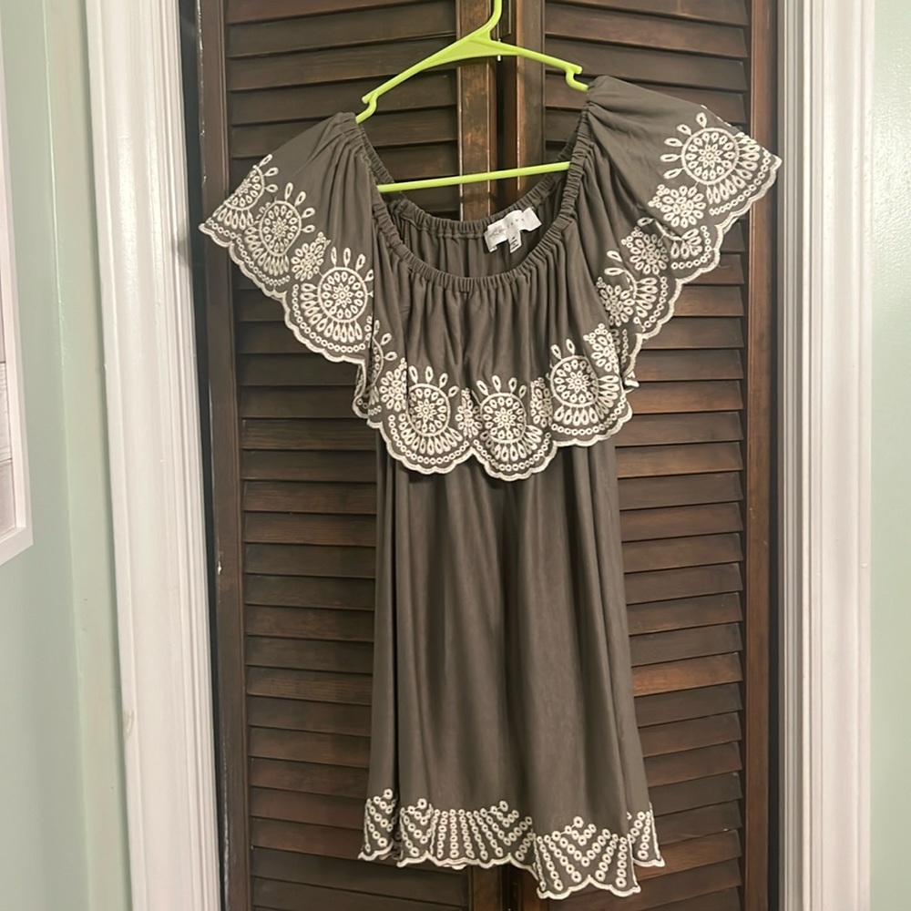 Olive colored off the shoulder blouse